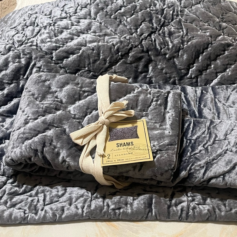 WORLD MARKET Velvet Quilted Shams Set in Charcoal Gray STANDARD SIZE
